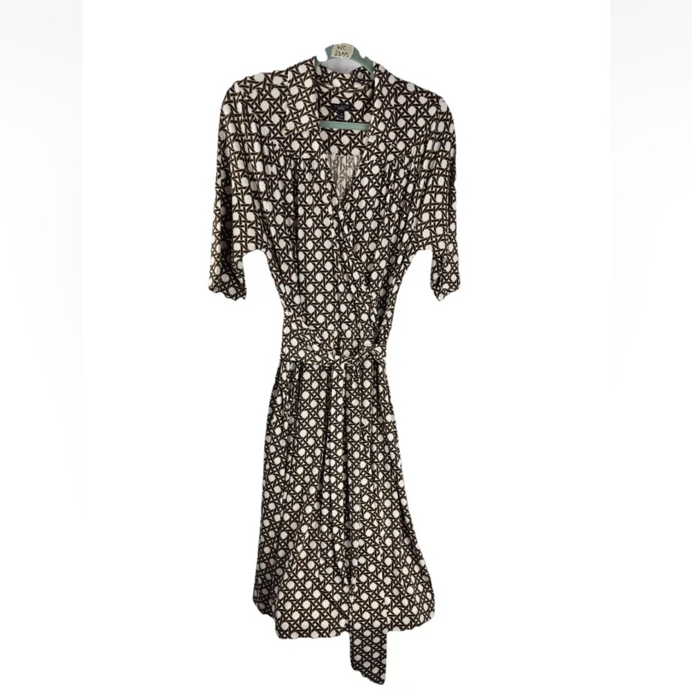 Vtg Talbots Cane Print Jersey Faux Wrap Dress Brown Ivory Woman 14 Short Sleeves